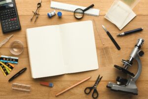 Desktop with various stationery for school education, top view